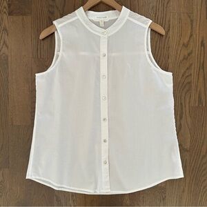 Eileen Fisher Organic Cotton Band Collar Button Front Sleeveless Shirt White S